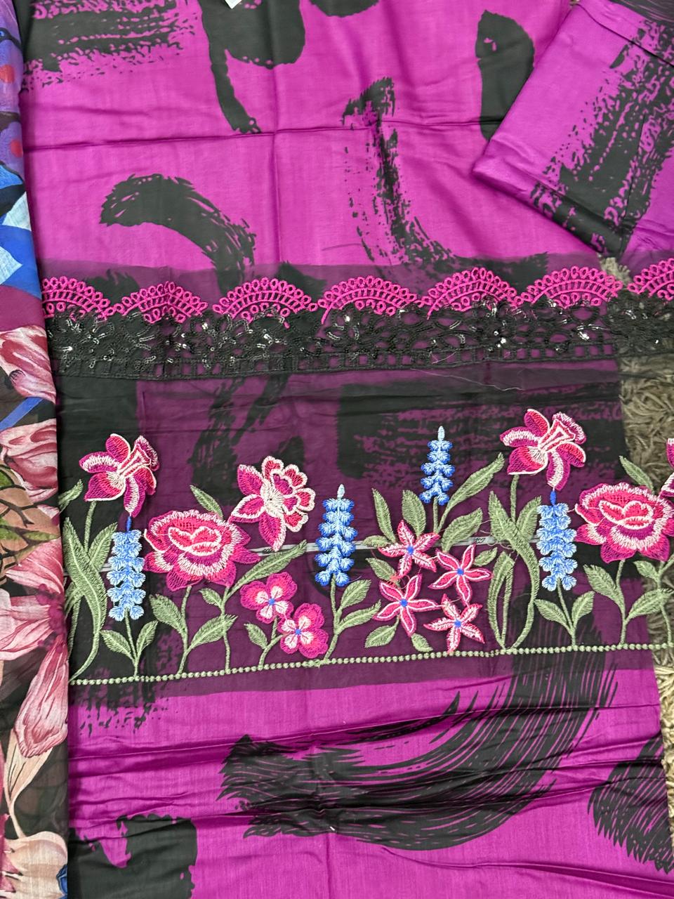 Maria B-5B 3-Pc Unstitched Purple Printed Lawn Dress With Printed Chiffon Dupatta