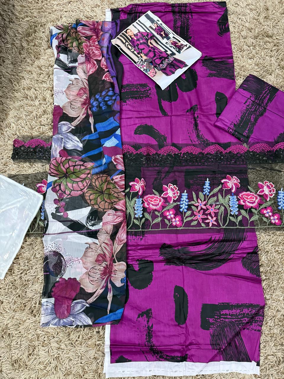 Maria B-5B 3-Pc Unstitched Purple Printed Lawn Dress With Printed Chiffon Dupatta