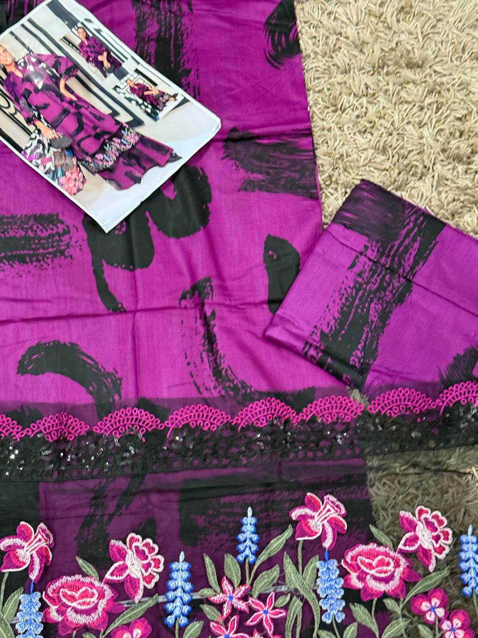Maria B-5B 3-Pc Unstitched Purple Printed Lawn Dress With Printed Chiffon Dupatta