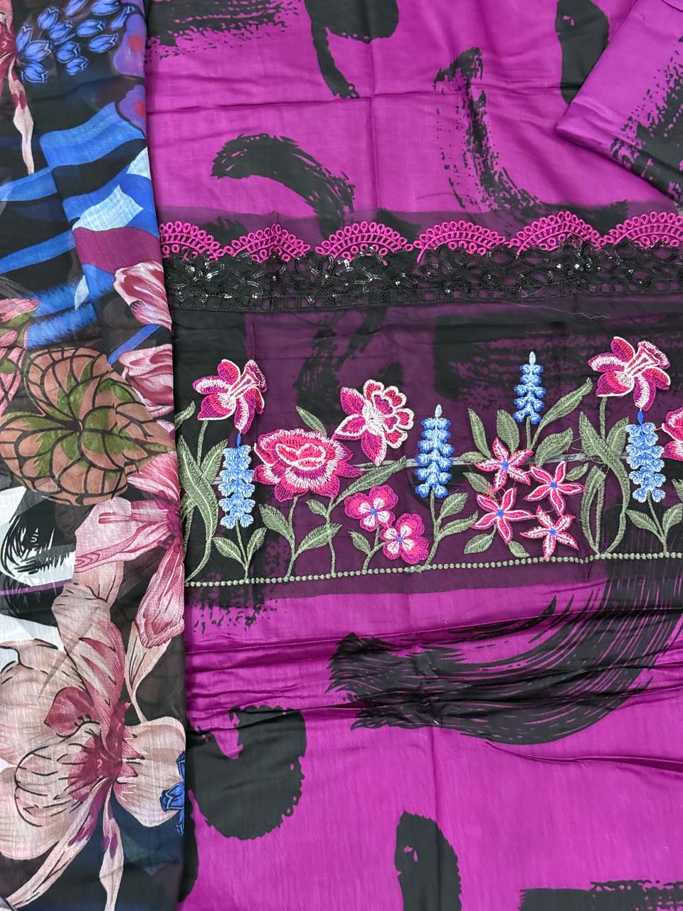 Maria B-5B 3-Pc Unstitched Purple Printed Lawn Dress With Printed Chiffon Dupatta