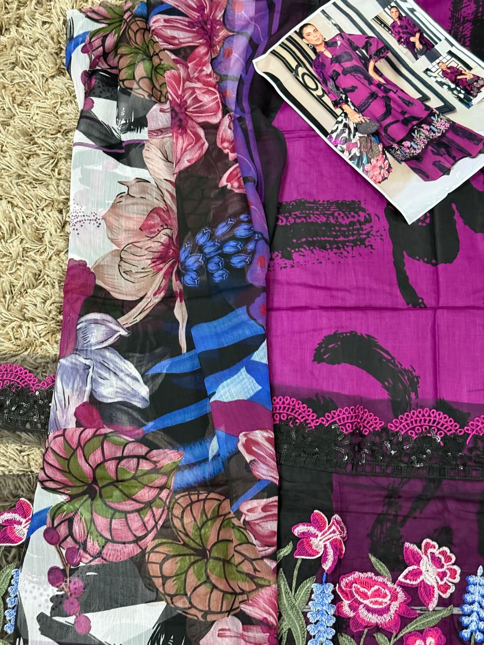 Maria B-5B 3-Pc Unstitched Purple Printed Lawn Dress With Printed Chiffon Dupatta