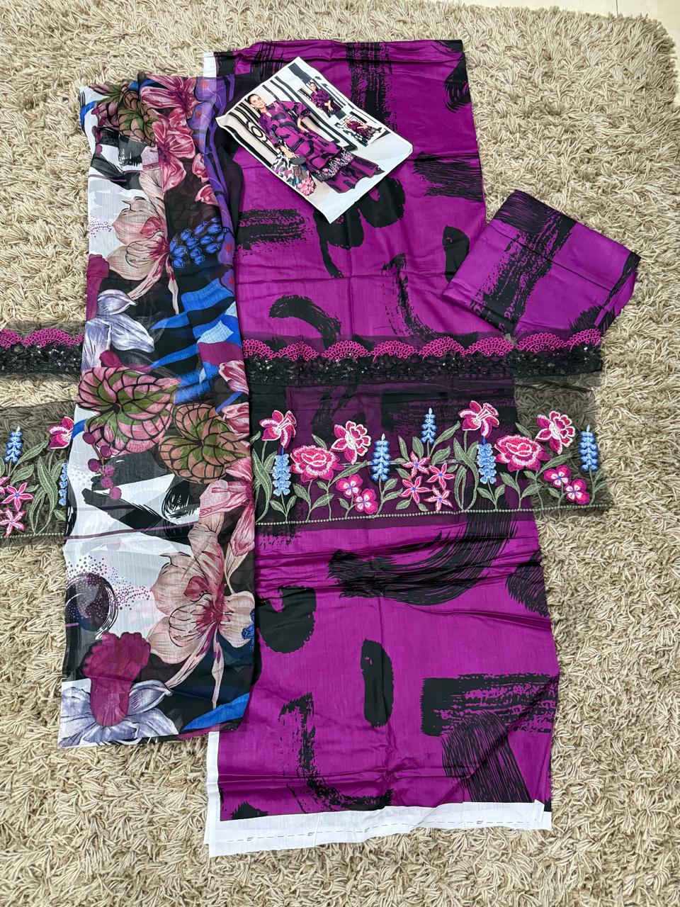 Maria B-5B 3-Pc Unstitched Purple Printed Lawn Dress With Printed Chiffon Dupatta